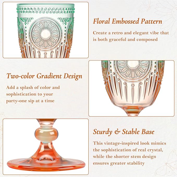 XUWAIDSGN 12Pcs Plastic Vintage Wine Glasses 13.5oz Reusable Embossed Goblet Glasses Green Orange Gradien Retro Wine Glassware Unbreakable Stemmed Champagne Water Cups for Cocktail Juice Wedding, bach