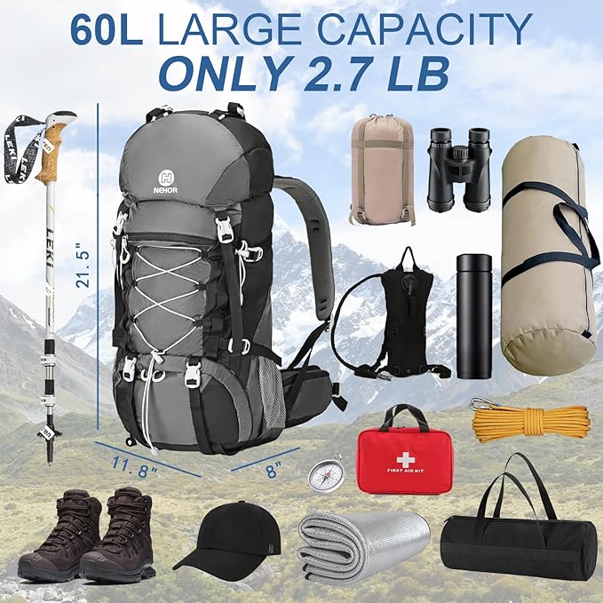 60L Hiking Backpack, Water Resistant Camping Backpack with Rain Cover, Large Lightweight Hiking Bag Outdoor Travel Daypack for Men Women, Black