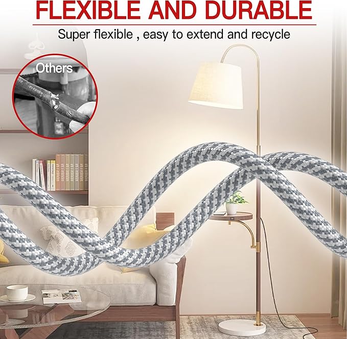 16/3 Flat Plug Braided Extension Cord 15 FT, Indoor 3 Prong Grounded Low Profile Extension Wire Flexible, Suitable for Home and Office, 13 Amp 1625 Watt 125VAC 16AWG, ETL Listed