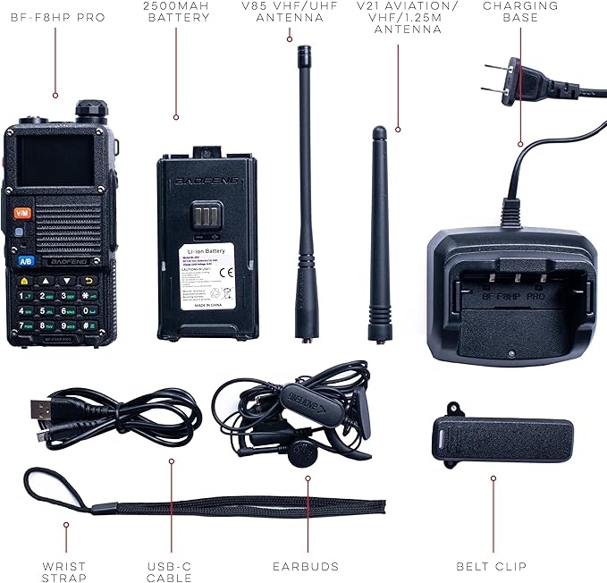 BAOFENG BF-F8HP PRO 10 W Tri-Band Two-Way Radio – UV-5R 7th Gen, 1000 Channels, GPS & NOAA Weather, Aviation/VHF/UHF/1.25 m Scanner, IP54 Rugged, USB-C Rechargeable Battery