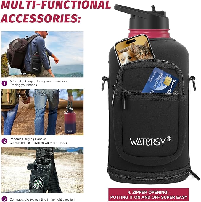 87oz Insulated Water Bottle (Cold for 48 Hrs),BPA Free&Leak Proof,1.5 Gallon Stainless Steel Water Flask,Water Jug with Straw Spout Lids for Gym,Hiking,Camping,Red Purple