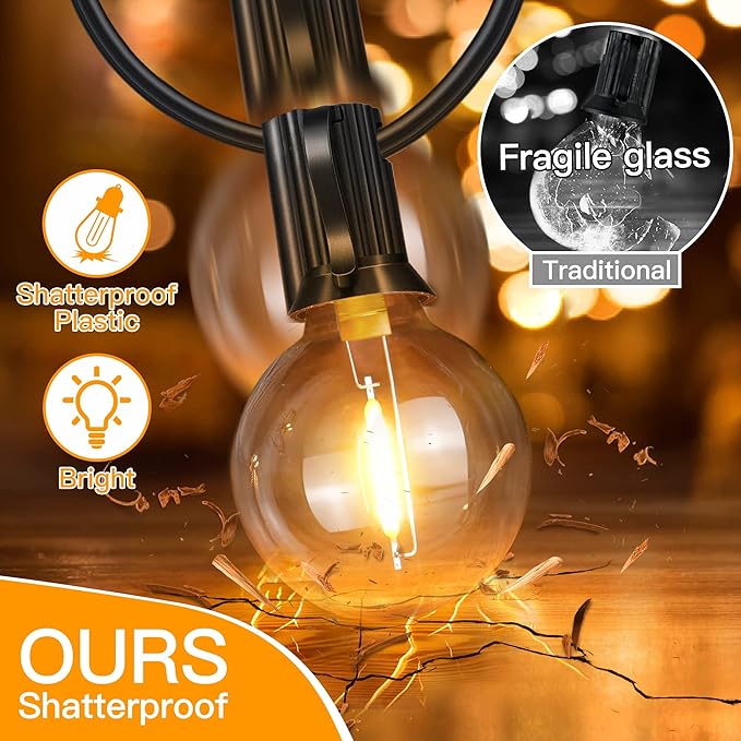 Ollny 100FT Outdoor String Lights, Waterproof Connectable Shatterproof Outside Light with 50 Edison + 3 Spare LED Bulbs Plug in, Patio Lights for Indoor Balcony Porch Camping Deck