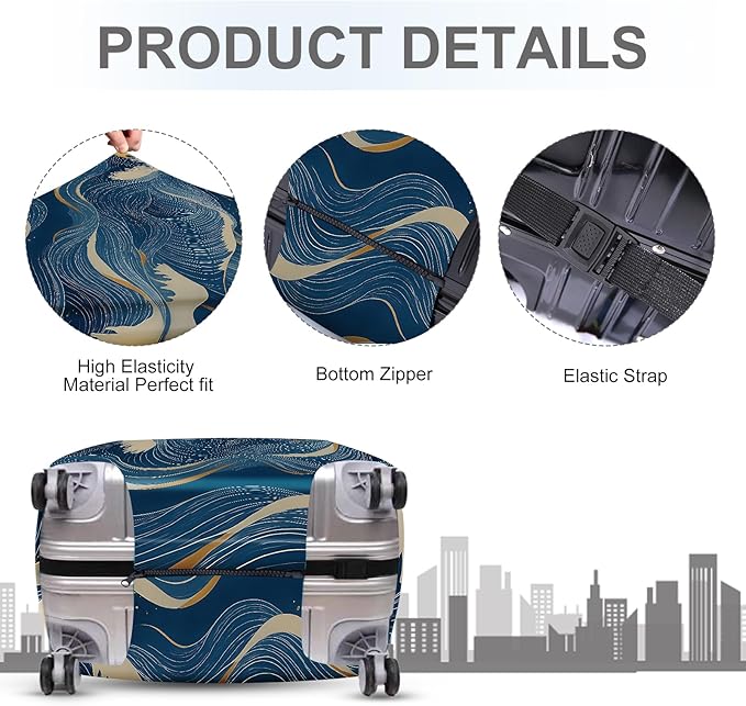 ANNA QUEEN Ocean Wave Luggage Cover, Elegant Blue Flow Line Design Suitcase Protector, Washable Stretchable Travel Sleeve for 28-30 Inch Luggage