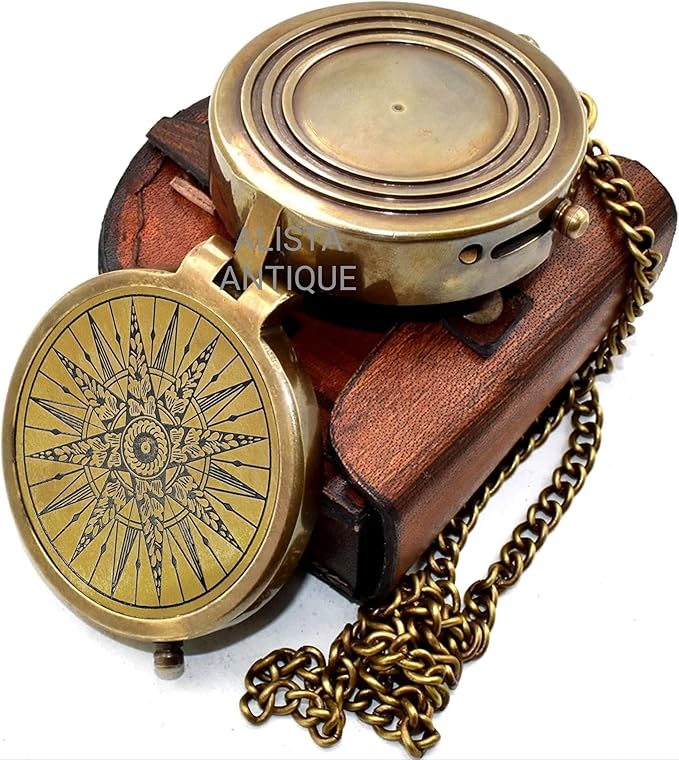 Classic Handmade Antique Functional Brass Compass with Chain and Leather Case – Vintage Decorative Pocket Compass for Men and Women for Wife
