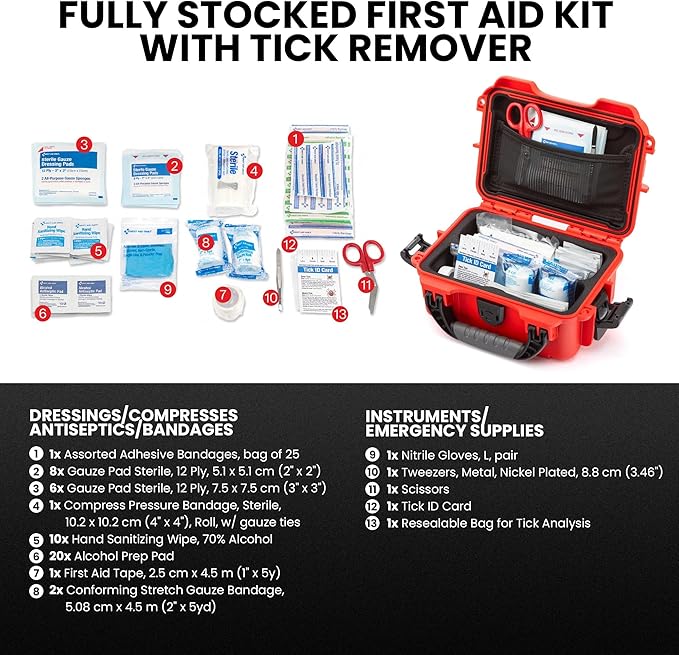 NANUK 903 - Small Waterproof First Aid Kit 78pcs – Pre-Stocked First Aid Emergency Kit with Bandages, Tick Removal Tool, and More – Dustproof, Impact-Resistant, Floats (7.4" x 4.9" x 3.1") – Red