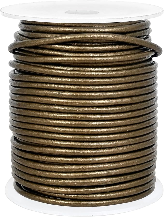 GENIQUE Real/Genuine Round Leather String Cord for Necklace, Bracelets, Jewellery, Braiding (Military Green Metallic, 2mm)