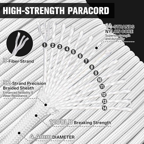 1200 Paracord Rope - 4.4mm 14 Strand Nylon Parachute Spool para Cord Lanyard for Outdoor Camping Survival Utility Tent Crafting DIY Projects Fishing Clothsline Bracelet - White 100FT