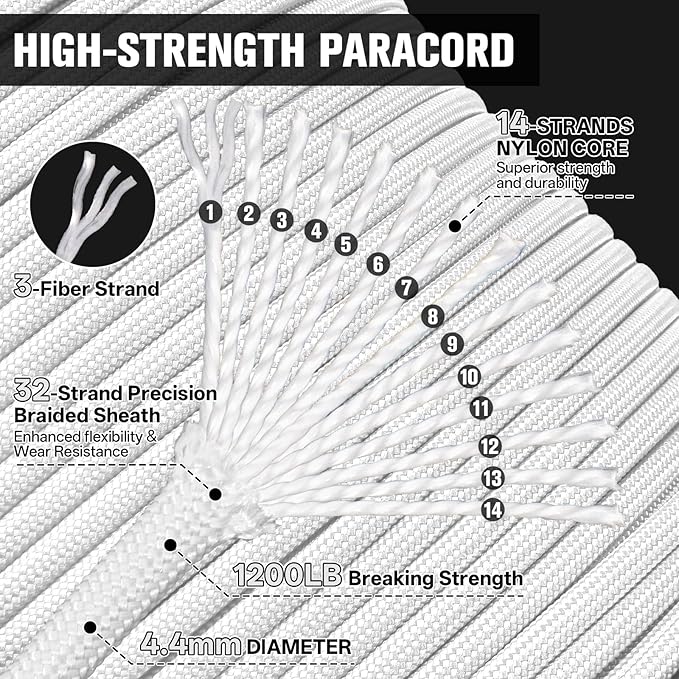 1200 Paracord Rope - 4.4mm 14 Strand Nylon Parachute Spool para Cord Lanyard for Outdoor Camping Survival Utility Tent Crafting DIY Projects Fishing Clothsline Bracelet - White 300FT
