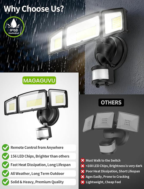 100W LED Security Lights, 11000LM Hardwired Flood Lights with Remote Control, Motion Sensor Outdoor Lights, 3 Adjustable Heads, IP66 Waterproof, Dusk to Dawn Outdoor Lighting for Yard Garage