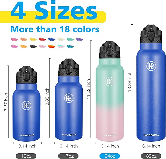 Han's Bottle Sports Water Bottle - 24 Oz, Straw Lid, Leak Proof, Vacuum Insulated Stainless Steel, Double Walled, Thermo Mug,Bubble Gum
