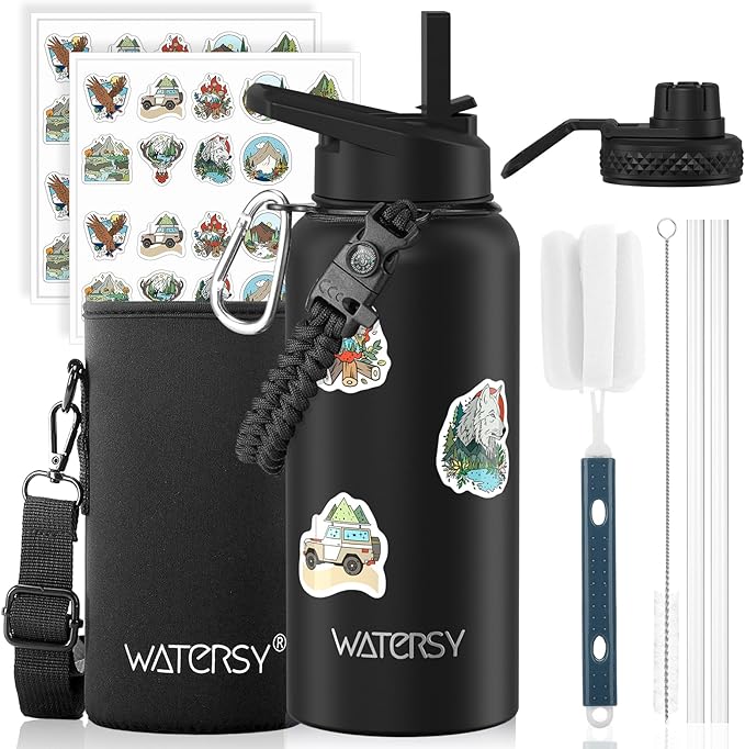 32oz Insulated Water Bottle (Cold for 48 Hrs),BPA Free&Leak Proof,Stainless Steel Water Flask,Water Jug with Straw Spout Lids for Gym,Hiking,Travel,Black