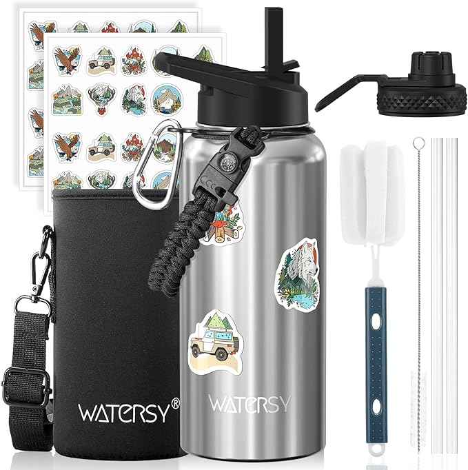 32oz Insulated Water Bottle (Cold for 48 Hrs),BPA Free&Leak Proof,Stainless Steel Water Flask,Water Jug with Straw Spout Lids for Gym,Hiking,Travel,Stainless