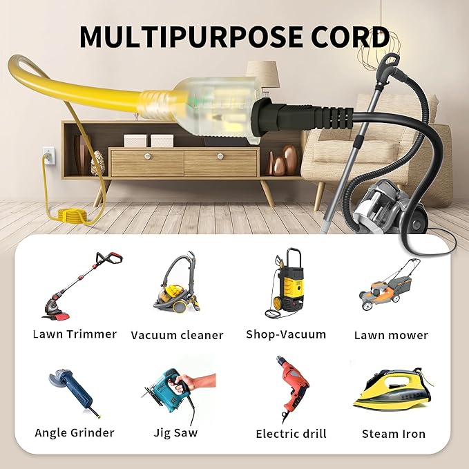 POWGRN 6 Ft 10AWG Outdoor Extension Cord Waterproof Heavy Duty 10 Gauge 3 Prong, Flexible Cold-Resistant Power Cord Indoor & Outside with Lighted Indicator End, 15Amp 1875W SJTW Yellow ETL Listed