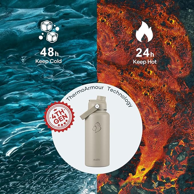 BUZIO 32 oz Water Bottle Insulated, Leakproof Stainless Steel Flask (Cold for 48 Hrs), Wide Mouth BPA-Free Metal Thermo Hydro Canteen with 2 Lids, Greige