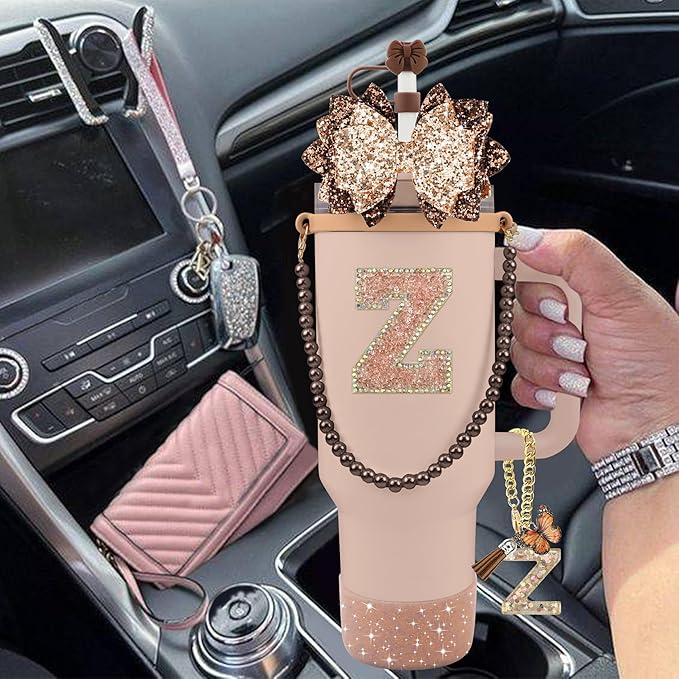 9PCS Brown for Stanley Cup Accessories Set Bling Initials Bow Charms for Stanley Decorations 30/40 Oz Tumbler Accessories Including Bow Straw Topper, Handle Strap, Spill Stopper（Letter Z）