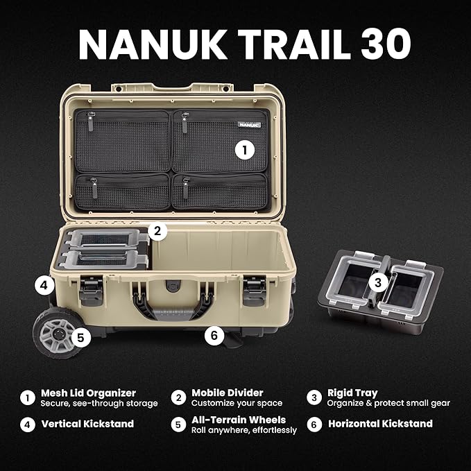 NANUK Trail 30 – 28.5L (7.5-Gallon) Waterproof Storage Box Wheeled and Modular Cargo Case for Camping, Fishing, Hunting & Outdoor Storage - Dustproof and Impact Resistant (22" x 14" x 9") – Desert Tan