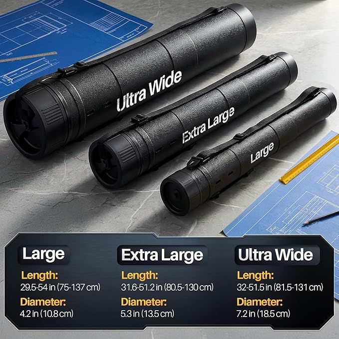 Flexzion Poster, Art, Document Tube with Strap, Expandable Waterproof Plastic Container, Telescoping Cylindrical Storage Case, Portable Paper Holder for Draft Sketch Blueprint, Black, youth large / 11