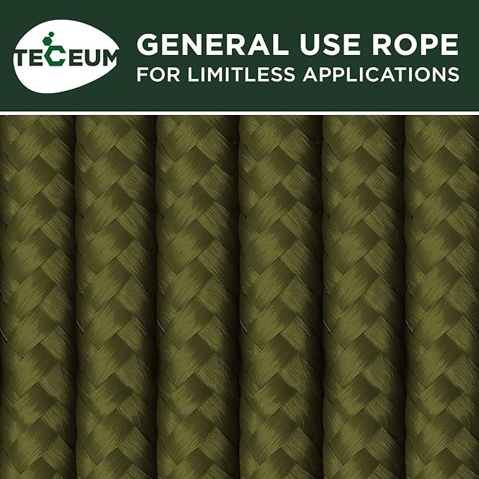 TECEUM Rope – 90 Feet x 3/8 Inch (10mm) – Army Green – Strong All-Purpose Utility Rope – Camping, Crafting, Flag Pole, Indoor & Outdoor – Polypropylene Nylon Poly Lightweight Diamond Braided Cord