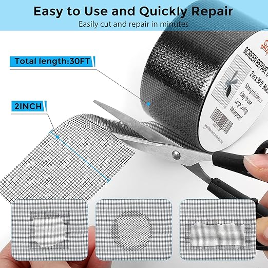 Secopad Black Window Screen Repair Tape, 2 in X 30 FT (360IN) Screen Repair Kit for Windows or Doors, Strong Adhesive Fiberglass Mesh Patch Tape