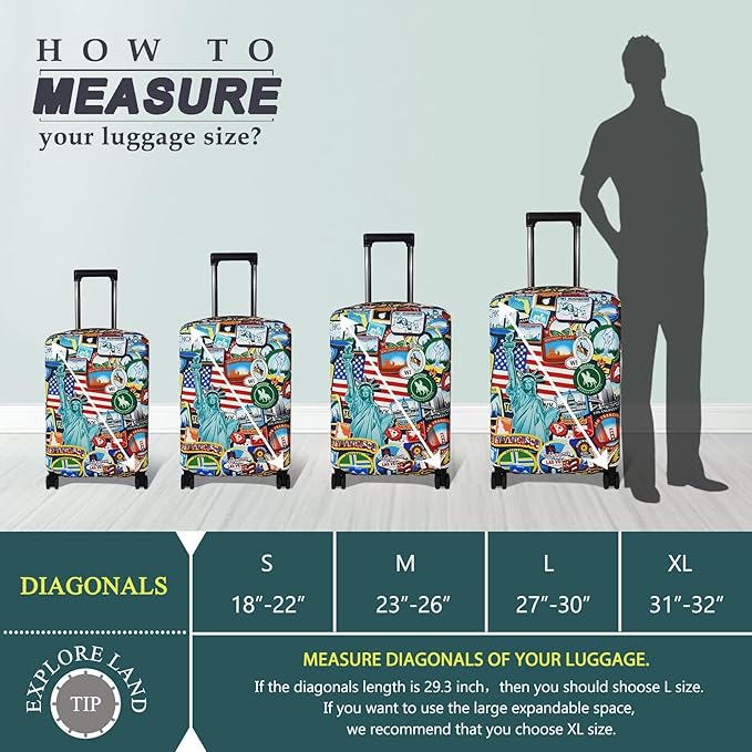 Explore Land Travel Luggage Cover Suitcase Protector Fits 27-30 Inch Case (Statue of Liberty, L)