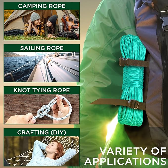 TECEUM Rope – 90 Feet x 1/4 Inch (7mm) – Green Wave – Strong All-Purpose Utility Rope – Camping, Crafting, Flag Pole, Indoor & Outdoor – Polypropylene Nylon Poly Lightweight Diamond Braided Cord