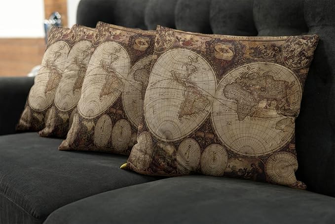 Ambesonne World Map Throw Pillow Cushion Case Pack of 4, Old World Map Drawn in 1720s Nostalgic Style Art Historical Atlas Vintage Design, Modern Accent Double-Sided Digital Printing, 24", Beige Brown