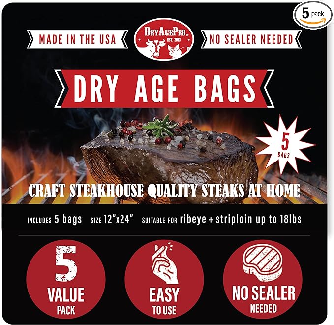 DryAgePro® Dry Age Bags for Meat, 12” x 24” Bags for Ribeye and Striploin up to 18 lbs, Pack of 5, No Vacuum Sealer Needed, Easy-to-Use Steak Aging Kit