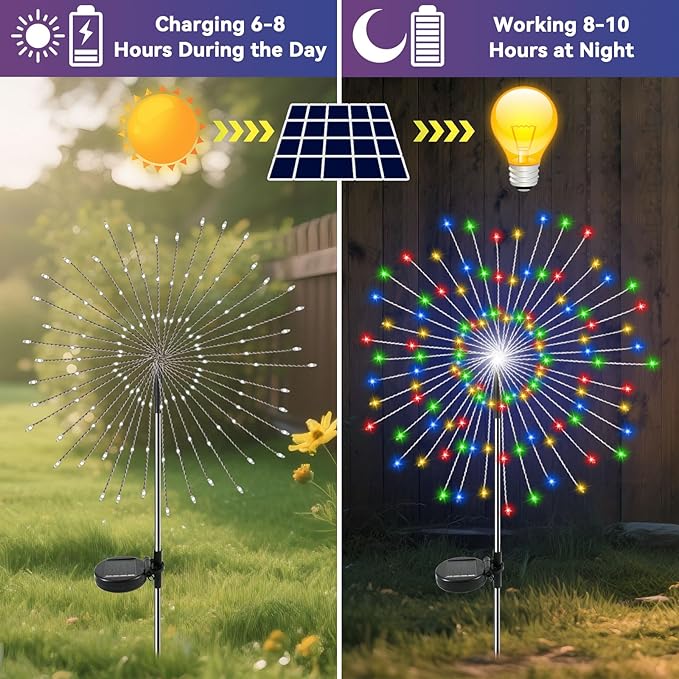 Garden Outdoor Lights, 4 Pack 120 LED Solar Garden Lights Fairy Lights Outdoor Waterproof Decorative Solar Firework Lights for Yard Patio Pathway Flowerbed Party Wedding Decor, Multicolor
