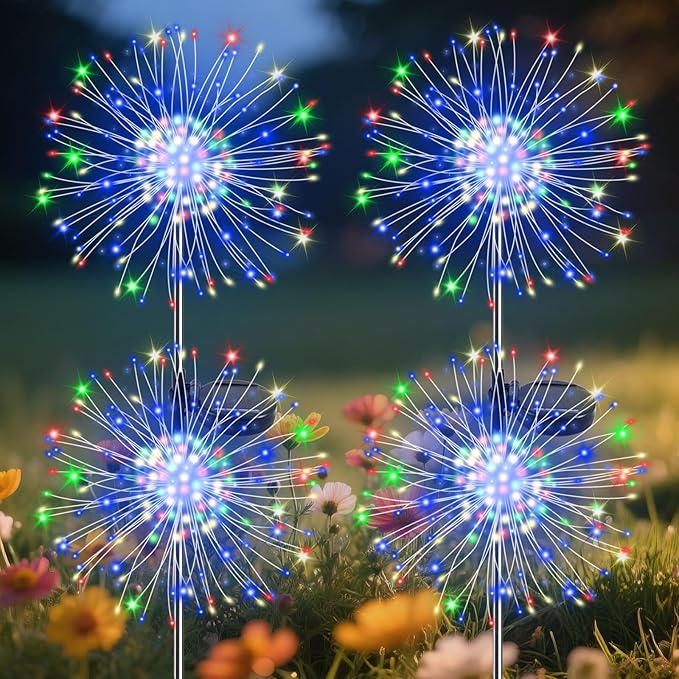 Garden Outdoor Lights, 4 Pack 120 LED Solar Garden Lights Fairy Lights Outdoor Waterproof Decorative Solar Firework Lights for Yard Patio Pathway Flowerbed Party Wedding Decor, Multicolor