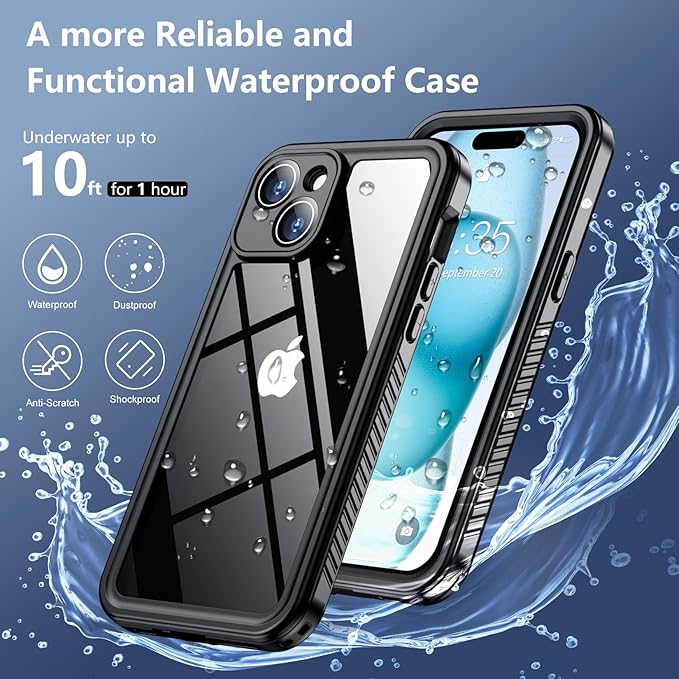 SPIDERCASE for iPhone 15 Case Waterproof, Built-in Lens & Screen Protector, Full Heavy Duty Protection, 12FT Military Shockproof, Dustproof Phone Case,Black