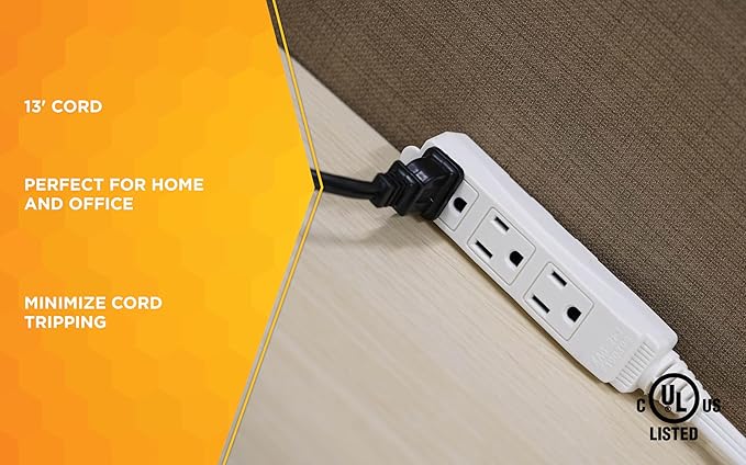 Woods Slimline Angled Flat Plug Extension Cord; Space Saving Flat Design; 3 Grounded Outlets; 13-Foot; 13 Amps; 1625 Watts; 125 Volts; UL Listed; 2232 (Pack of 6)
