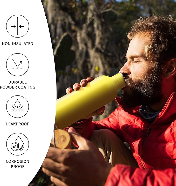 Bambaw Stainless Steel Water Bottle 32 oz, Non-insulated Yellow Beam with Handle, Dishwasher Safe