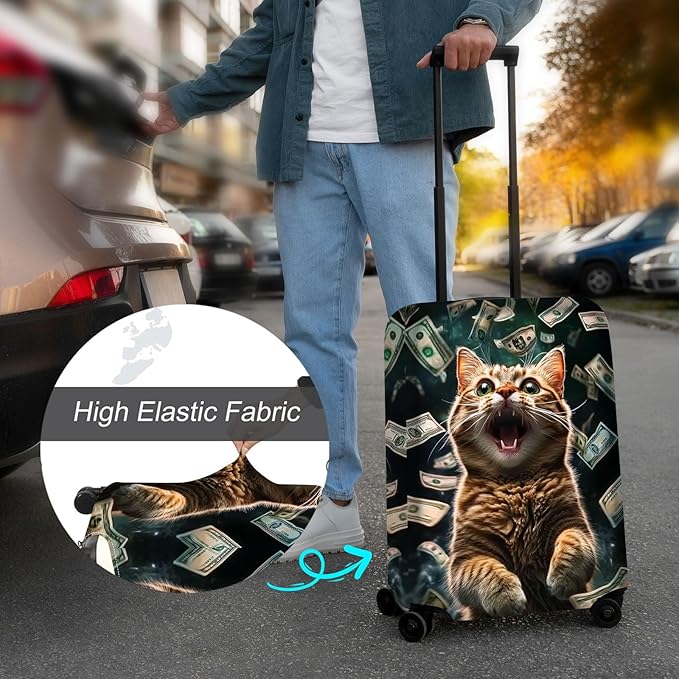 Luggage Cover Protector for 30-32 Inch Suitcases, TSA Approved Elastic Travel Suitcase Covers, Anti-Scratch Washable Luggage Sleeve for Carry On & Checked Bags, Excited Cat