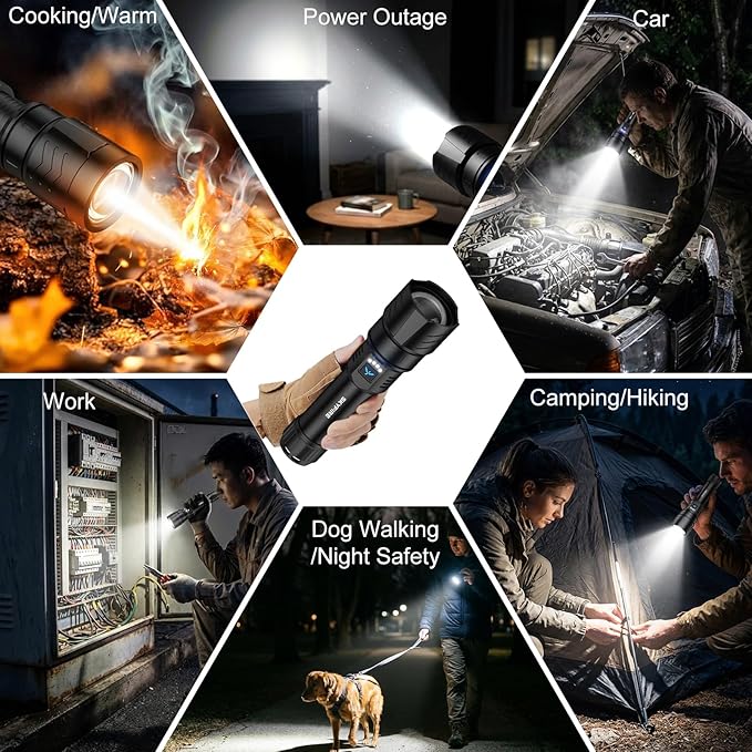 SKYFIRE Rechargeable Flashlights High Lumens with Ignition Lens,5000mAh Super Bright Flashlight Waterproof Powerful LED Tactical Flash Light for Camping Essentials Outdoor Home&Gifts