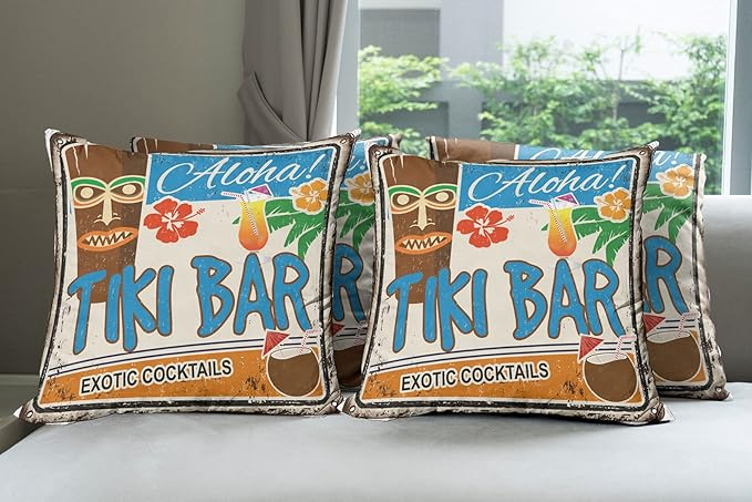 Ambesonne Tiki Bar Decorative Throw Pillow Case Pack of 4, Rusty Vintage Sign Aloha Exotic Cocktails and Coconut Drink Antique Nostalgic, Cushion Cover for Couch Living Room Car, 18", Brown Blue