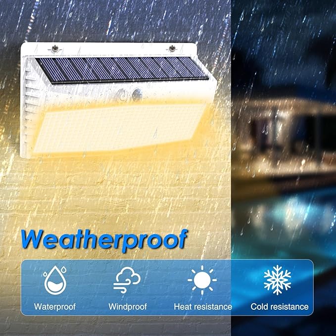 Peasur 2 Pack 368 LED Solar Lights Outdoor Motion Sensor, Solar Fence with 3 Lighting Modes, Powered Security Waterproof for Outside Yard Wall Garden,White Warm
