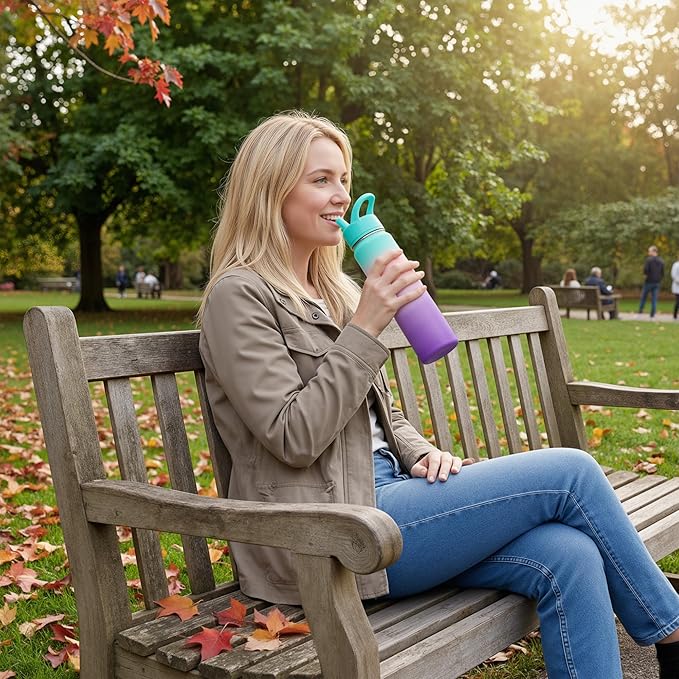 Fijinhom 24oz Insulated Stainless Steel Water Bottle with Straws, Double Wall Vacuum Insulated Bottles, Metal Thermo for Travel, Sports, Leak-Proof, BPA Free, Women & Men, Color Gradient