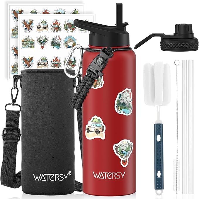 40oz Insulated Water Bottle (Cold for 48 Hrs),BPA Free&Leak Proof,Stainless Steel Water Flask,Water Jug with Straw Spout Lids for Gym,Hiking,Travel,Red