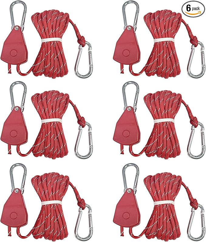 Longer 14ft Retractable Paracord Rope Tie Down Ratchet Strap Small Straps Mini Rope Cam Lock Tent Canopy Tie Down Adjustable Outdoor Windproof Tightener Tensioner Hanger Grow Light 6 Pack 1/8"