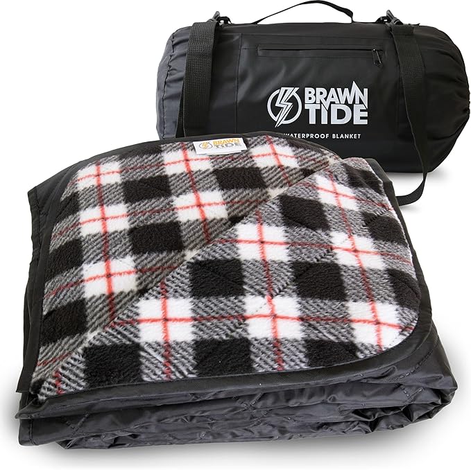 BRAWNTIDE Large Outdoor Waterproof Blanket - Extra Thick Fleece, Warm, Windproof, Sandproof, Quilted, 82" x 55", Ideal for Beaches, Picnics, Camping, Stadiums, Dogs, Car
