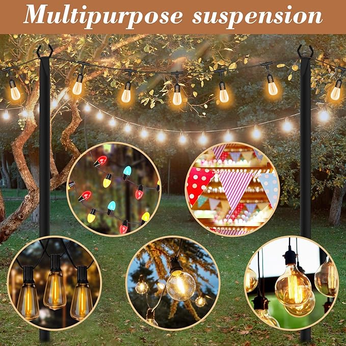 NUERPO 7 Pack String Light Poles,Metal Poles for Hanging Outdoor Light Strings,7 Pack 10 FT Light Poles Stand for Outside Garden,Patio,Wedding,Backyard,Deck,Party