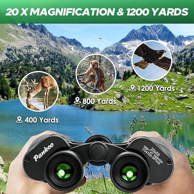 Pankoo 20x55 Binoculars for Adults High Powered – Large View Waterproof Optics with Clear Low Light Vision, Easy Focus for Hunting, Bird Watching, Concerts, Sports
