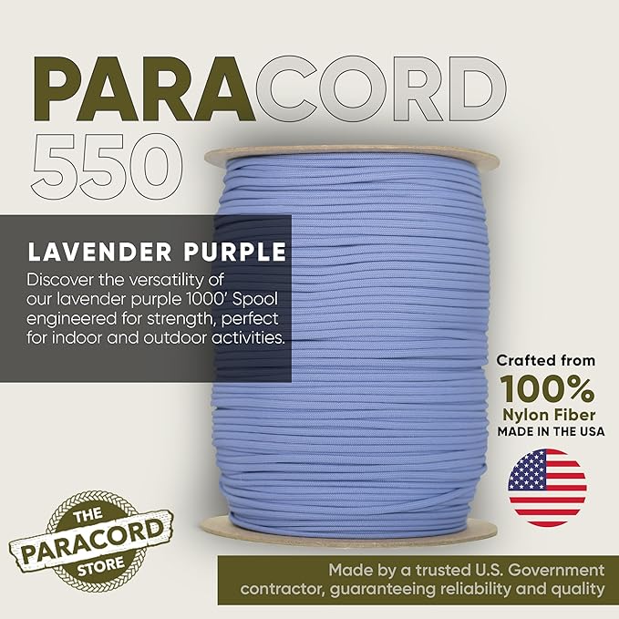 The Paracord Store | Type III 550 Paracord - 1000 FT Spool, Lavendar Purple | Heavy Duty 7 Strand Tactical Paracord - USA Made Nylon Outdoor Parachute Cord for Camping, Fishing & More - Survival Cord