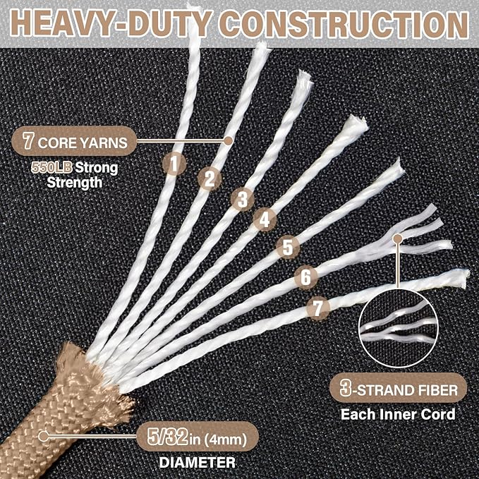 Paracord Rope 550 lb - 100ft 5/32" Parachute Cord 4MM 7-Strand para Cord - Heavy Duty Spool String for Survival,Camping Gear, Survival Bracelet, Clothesline - Khaki