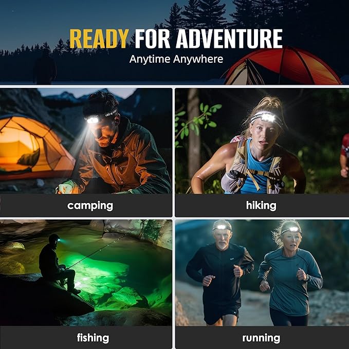 HOKOILN 2-Pack LED Headlamp Rechargeable with Green & Red Light -1300 Lumen Ultra-Bright Flashlight Headlight for Camping, Running, Hiking, Fishing - Waterproof with 7 Modes