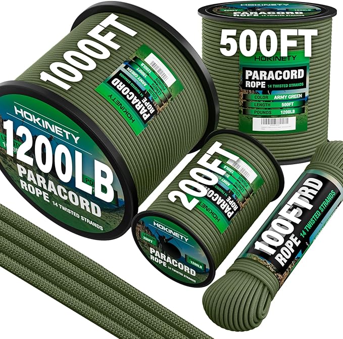 1200lb Paracord Rope - 4.4mm 14 Strand Nylon Survival Parachute para Cord Lanyard for Camping Outdoor Utility Tent Crafting DIY Projects Fishing Clothsline Bracelet - ArmyGreen 50FT