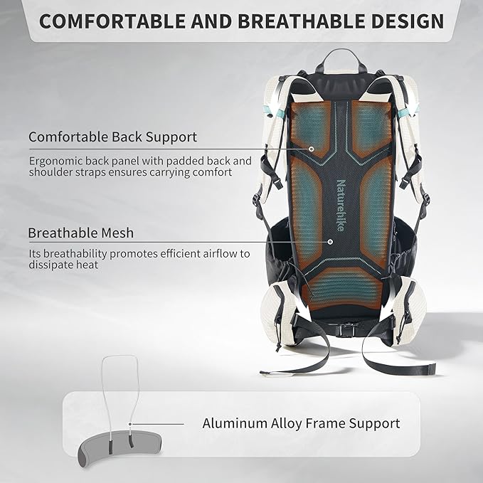 Naturehike 45L Rock 2.0 Upgraded Internal Frame Hiking Backpack for Outdoor Camping Travel Backpacking, Ultralight Backpack for Adults(White/M/45L)