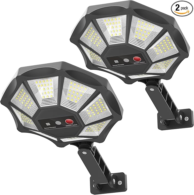 OKPRO Solar Lights Outdoor, 168LED 6500K Flood Light Dusk to Dawn, 8 Sides Solar Outdoor Lights with Motion Sensor, IP66 Waterproof Solar Street Lights Outdoor for Yard, Pools(2 Pack)