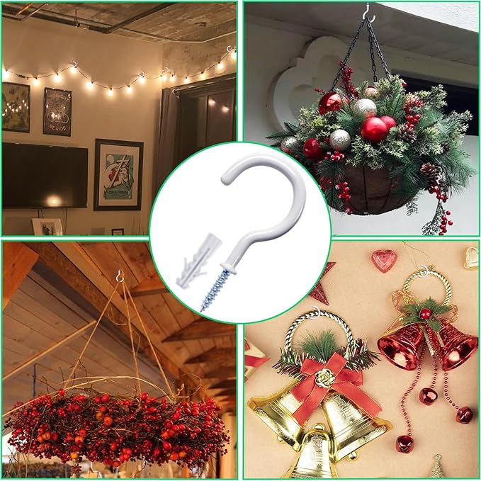30 Pcs Ceiling Hooks for Hanging Plants - 2.9 inch Heavy Duty, Hanging Hooks for Christmas Lights, Cups, Decors - White Vinyl Coated Screw in Plant Hanger Hook Indoor and Outdoor