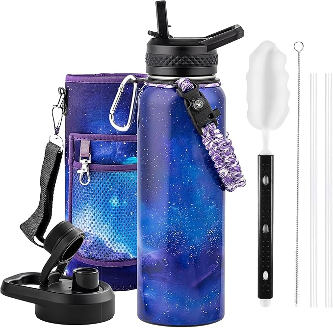RAYMYLO Insulated Water Bottle 40 oz, Triple Wall Vacuum Stainless Steel (Cold for 36Hrs, Hot for 18Hrs), Leak Proof & Non-BPA, Modern Water Flask Jug with Paracord Handle & Straw Spout Lids